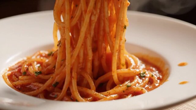 Close up of tongs picking up pasta noodles in a plate with sauce
