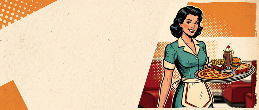 Retro vintage style restaurant food banner social media cover header design with Retro waitress presenting pizza burger fries and milkshake with halftone pattern background for culinary advertisements