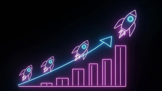 Neon rocket ship ascending bar chart during growth cycle with dark background and copy space
