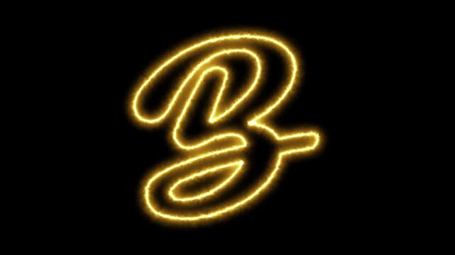 Glowing neon letter b animation, golden electric script alphabet character on black background