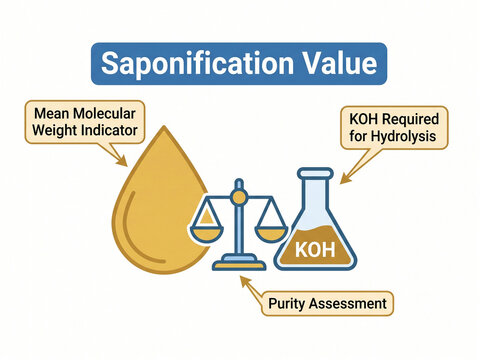Saponification value scientific diagram explains the molecular weight indicator, purity assessment, and required potassium hydroxide for chemical hydrolysis.