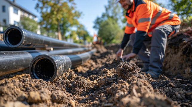 HDPE water pipeline sections positioned beside a roadside construction zone ready for installation, worker in high visibility clothing examining pipe alignment and ground conditions, excavated trenc