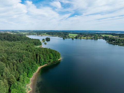Aerial View of Reservoir in the foothills of Bavaria in summer. Seehamersee, Germany