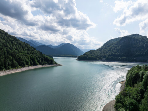 Aerial View of Sylvenstein Reservoir with Low Water Levels During Summer Drought, Bavaria, Germany