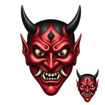 Red devil mask with horns and fangs.