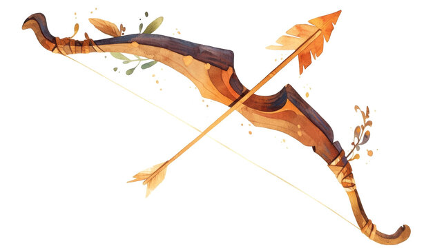 Watercolor illustration of an ornate wooden bow crossed by an arrow with autumn leaves, curved limbs, leather wrapped grip, and decorative organic details, isolated on white background