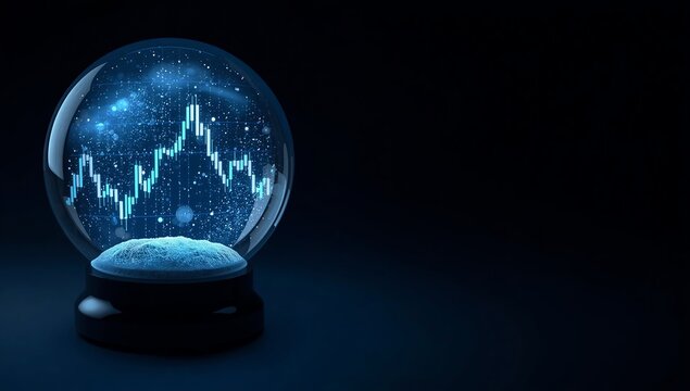 Crystal ball displaying stock market data forecast with glowing particles