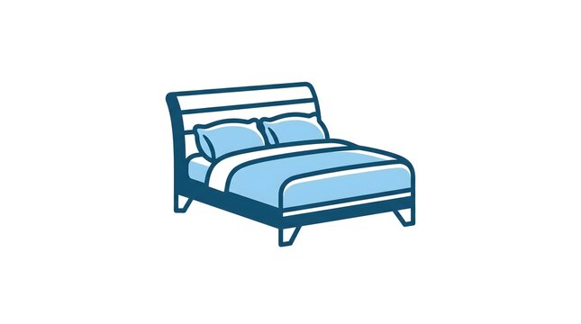 Minimalist vector illustration of a comfortable double bed with pillows and blanket in blue colors, isolated on white background
