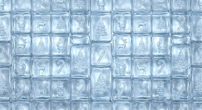 Seamless pattern of ice cubes with cute Santa Claus frozen inside, Christmas theme background. 
