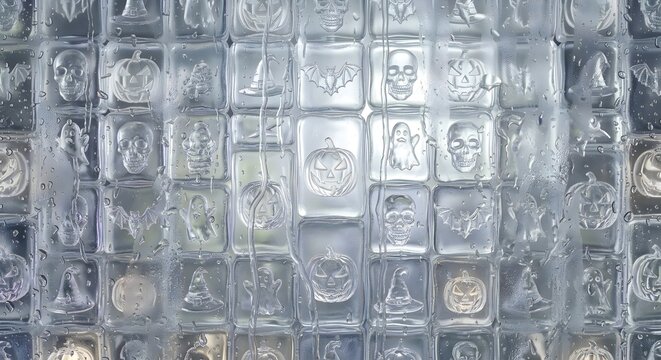 Seamless pattern of ice cubes with mixed Halloween elements including pumpkin, skull, witch hat, and bat frozen inside.
