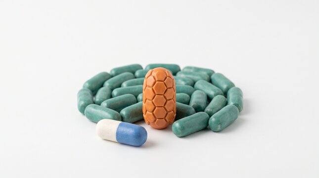 Antibiotic Resistance Concept: One Orange Bacterium Among Teal Bacteria with Pill on White Background
