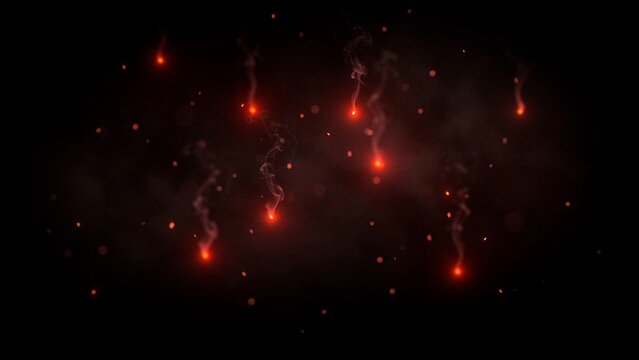 background Glowing red embers floating with smoke trails on black background, cinematic fire sparks rising in dark space, mystical burning coal particles and hot ash for overlay and visual