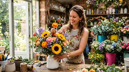 Fototapeta premium A florist arranges vibrant sunflowers in a boutique surrounded by lush greenery and colorful blooms under natural light.