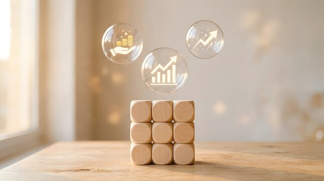 Floating glass orbs with upward-trending graphs hover above wooden blocks symbolizing business growth and investment.