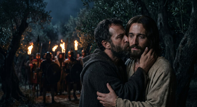 Judas Betraying Jesus With a Kiss in the Garden of Gethsemane, Passion of Christ Biblical Gospel Story, Matthew 26
