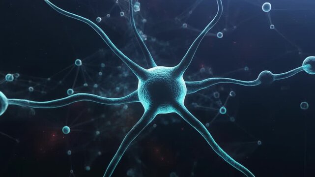 Neuron cell communication with synaptic signals in a dark blue digital background