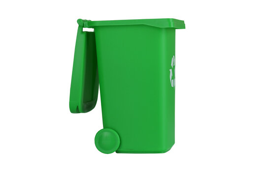 Green recycling bin isolated on white background with lid open