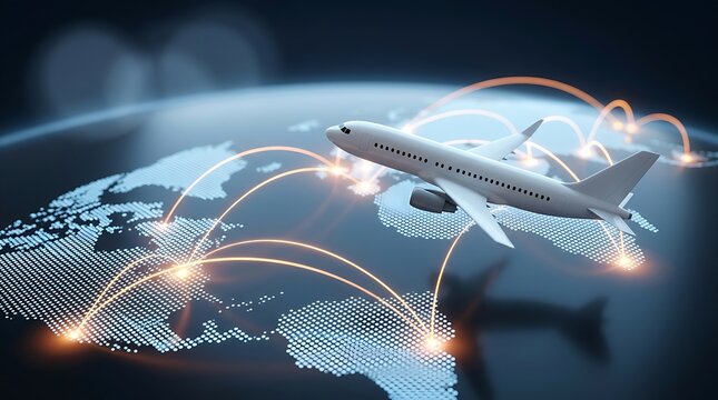 Airplane flies over glowing world map with digital connections showing international flight paths and global business travel routes on dark background.