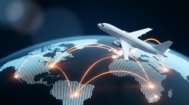 Airplane flies over glowing world map with digital connections showing international flight paths and global business travel routes on dark background.