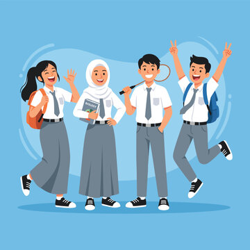 Cheerful Indonesian Senior High School Students Jumping Together Joyfully
