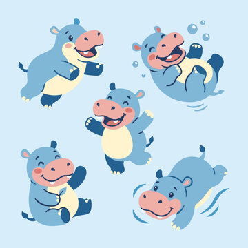 Cute Blue Hippopotamus Animal Mascot Character Playful Collection Set