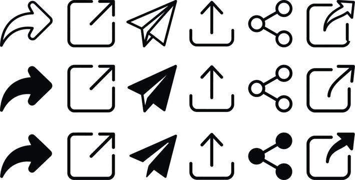 Share icon set. Arrow symbol, Reply send forward icons button. Send message icon. External Link Icon. Upload icon. Connection symbol - network sharing icon