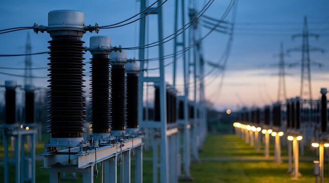 High voltage electrical insulators at a power substation station under a twilight evening sky with transmission towers standing tall in the blurred background.