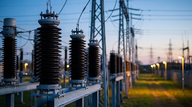 Electrical insulators on poles at substation near high voltage power lines during twilight blue hour ready for energy transmission across grid.