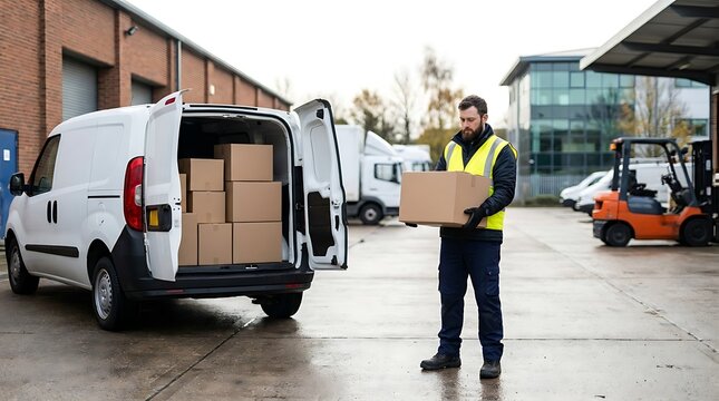 Delivery driver wearing yellow vest and gloves carries cardboard box from open van filled with packages for transport and logistics service.