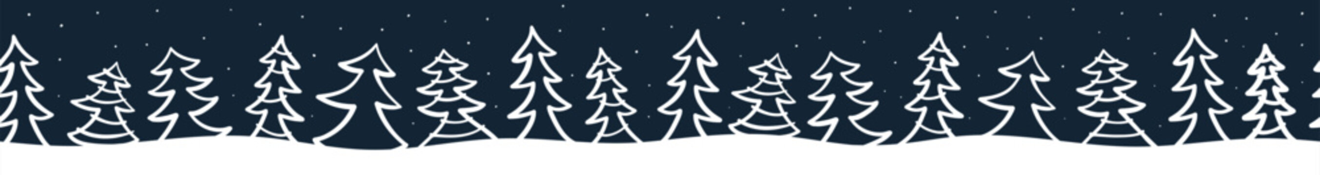 Cute hand drawn seamless doodle forest, christmas trees with stars and decorated houses, great for banners, wallpapers, invitations - vector design