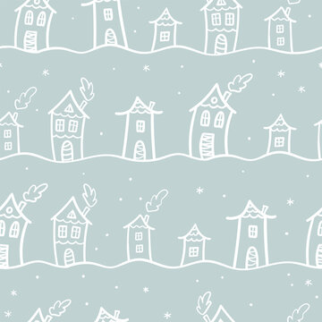 Cute hand drawn seamless doodle houses, christmas trees with stars and decorated houses, great for banners, wallpapers, invitations - vector design