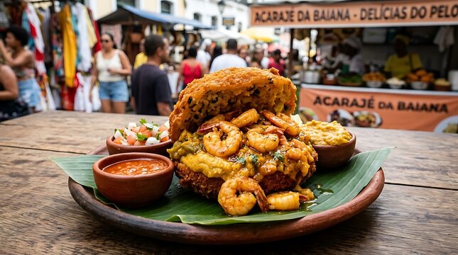 Acaraje street food featuring fried dough and shrimp sits on a plate at a bustling outdoor market stall.