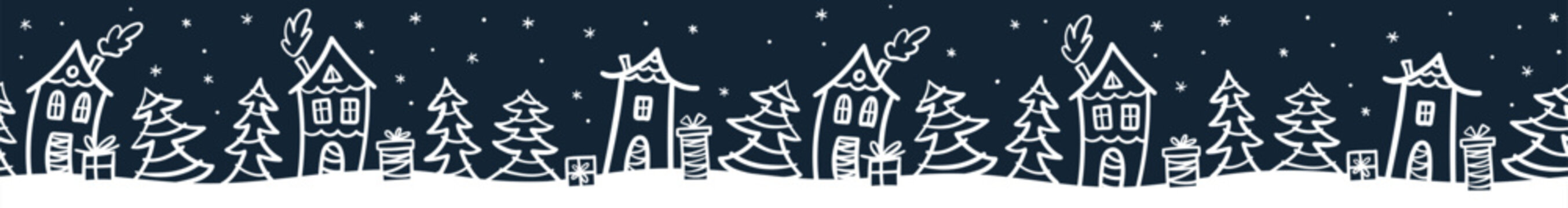 Cute hand drawn seamless doodle houses, christmas trees with stars and decorated houses, great for banners, wallpapers, invitations - vector design