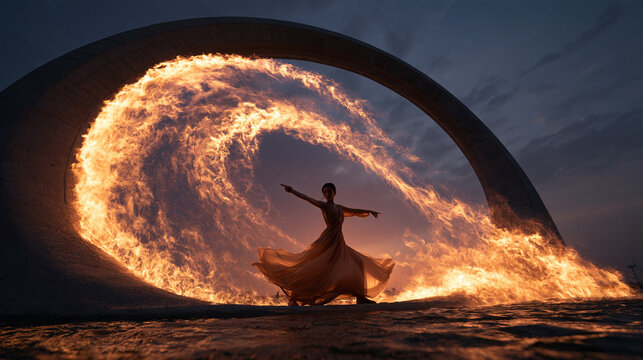 Woman Dancing Inside Flaming Circular Arch at Twilight