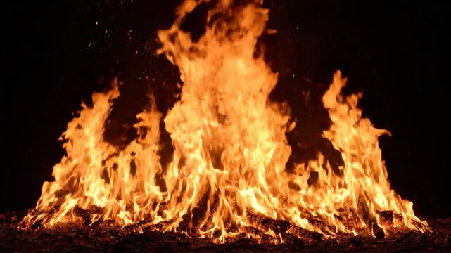 Intense bonfire with bright orange flames at night