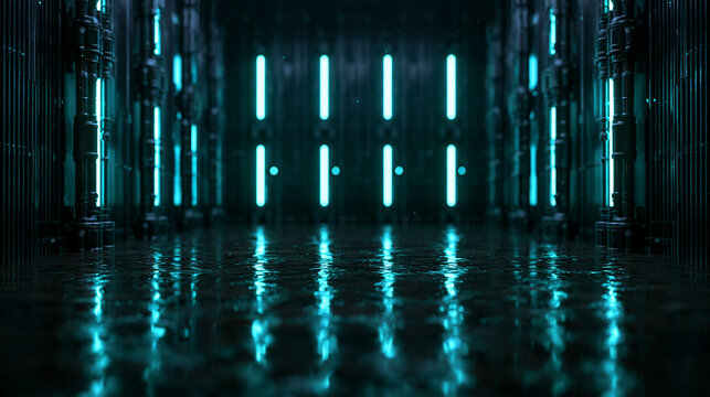 Futuristic Sci-Fi Corridor with Glowing Neon Cyan Lights