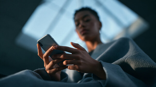 Woman Holding and Using Smartphone in Modern Interior