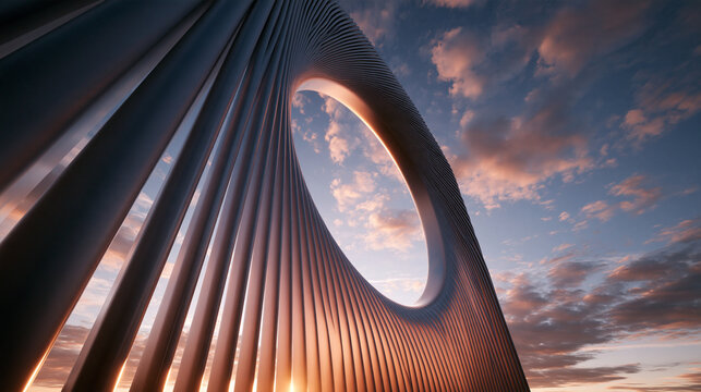 Futuristic Architecture Structure with Circular Portal at Sunset