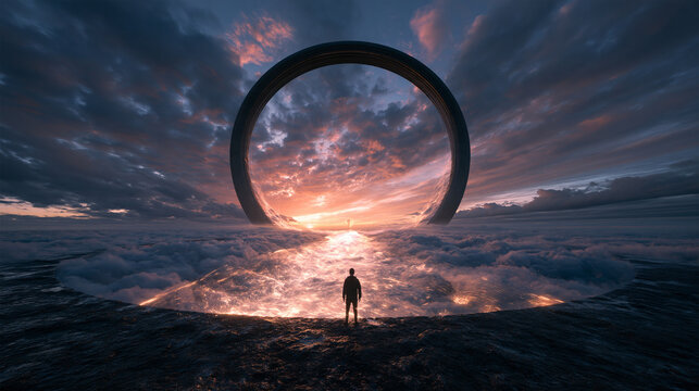 Giant Futuristic Portal Framing Sunset Above Sea of Clouds