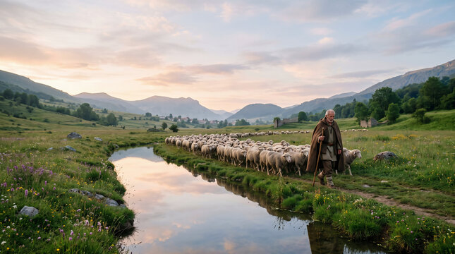 Psalm 23 Shepherd Leading Sheep Beside Still Waters, Biblical Illustration of Peace, Guidance, and God's Care
