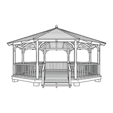 Wooden garden gazebo pavilion line art illustration octagonal design outdoor