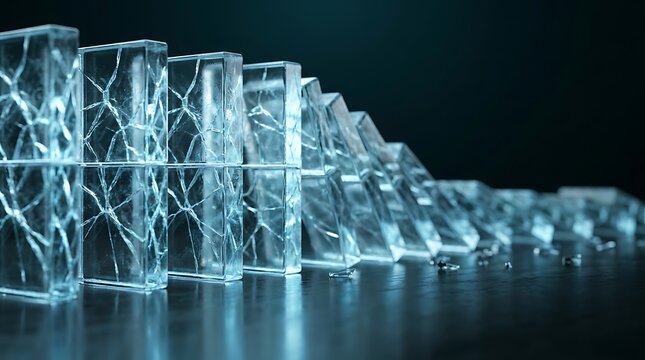 Domino effect of cracking glass blocks falling down in line symbolizing chain reaction collapse financial crisis or risk management failure.
