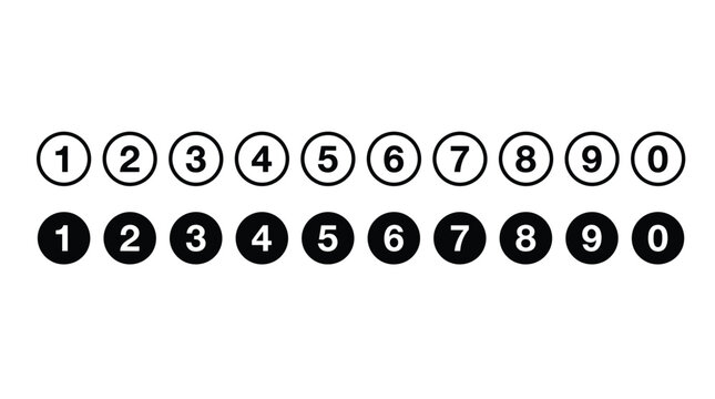 Minimalist vector illustration set featuring black and white numeric digits inside clean rounded circular icons