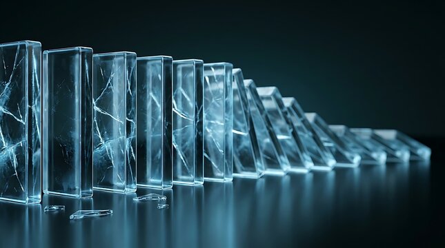 Domino effect of cracking glass blocks falling down in line symbolizing chain reaction collapse financial crisis or risk management failure.