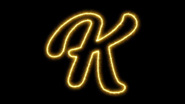 Glowing neon letter k animation with electric energy effect on black background, alphabet typography