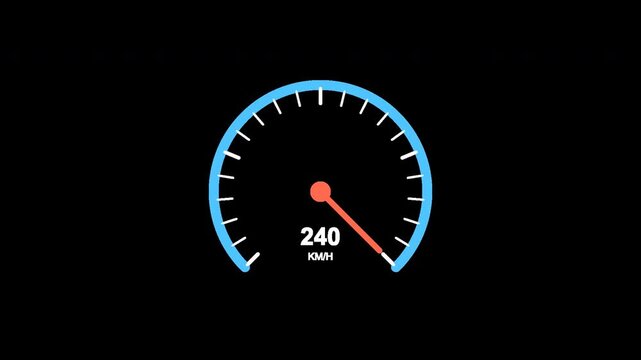 Speedometer icon representing fast speed and high acceleration with indicator pointing at two hundred forty kilometers per hour