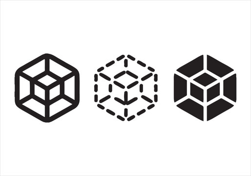 Cube Icon Set 3D Geometric Vector Illustration. Cube icon set with outline, dashed and solid 3D geometric shapes
