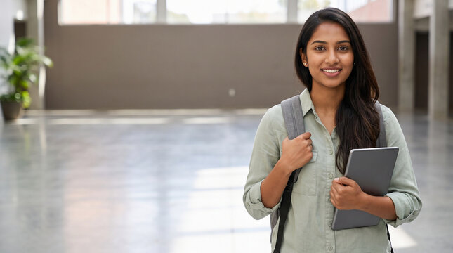 Smiling Indian Female University Student Holding Digital Tablet and Backpack in Modern Campus Hallway with Copy Space, Concept of Higher Education, E-Learning, and Future Career
