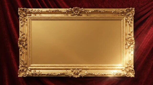 Empty Ornate Golden Picture Frame with Intricate Carved Details, Set Against a Plush Red Velvet Background, Offering a Luxurious and Classic Space Ready for Art, Text, or a Special Moment