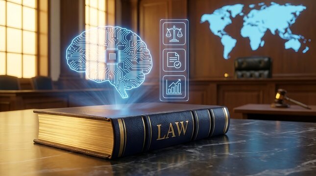 Law book with glowing brain hologram and legal icons symbolizing artificial intelligence in jurisprudence for justice system reform.